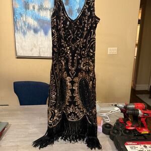 Fundaisy black gold beaded dress with fringe